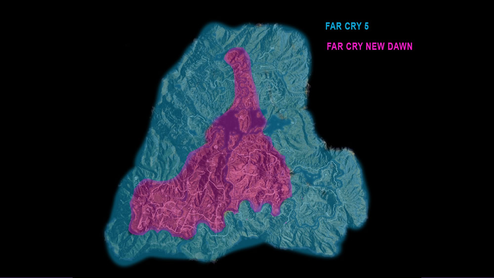 Gleiche Karte wie in Far Cry 5, aber deutlich kleineres Spielgebiet, wodurch sich Far Cry: New Dawn wesentlich kompakter spielt. Gleiche Karte wie in Far Cry 5, aber deutlich kleineres Spielgebiet, wodurch sich Far Cry: New Dawn wesentlich kompakter spielt.