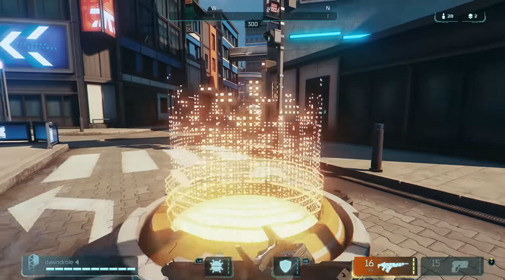 Hyper Scape ist ein verdammt schnelles Spiel, in dem man sich vor allem vertikal bewegt. Die gelben Sprungpads katapultieren dich schnell weiten und hoch auf die Dächer. Hyper Scape ist ein verdammt schnelles Spiel, in dem man sich vor allem vertikal bewegt. Die gelben Sprungpads katapultieren dich schnell weiten und hoch auf die Dächer.